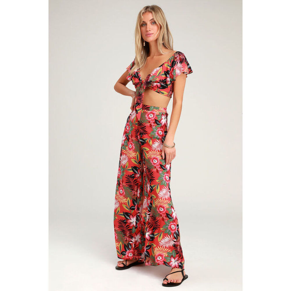 Lulus Passport To Paradise Coral Red Tropical Print Two-piece Jumpsuit - Size L